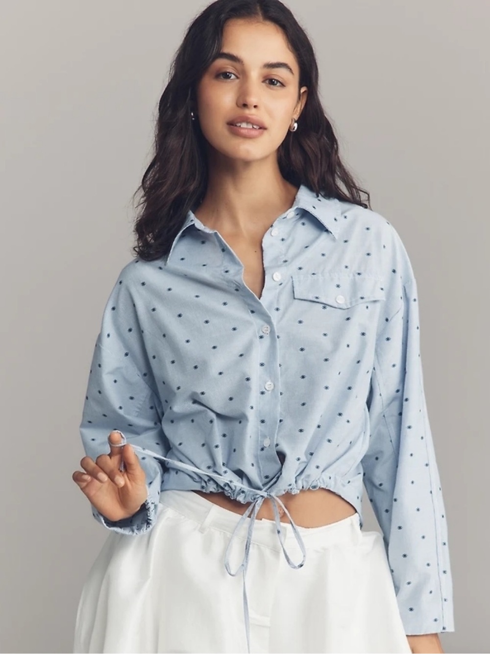 NWT Anthropologie Maeve Cinched Waist Navy Sun Embroidered Button Down Shirt - Picture 1 of 15